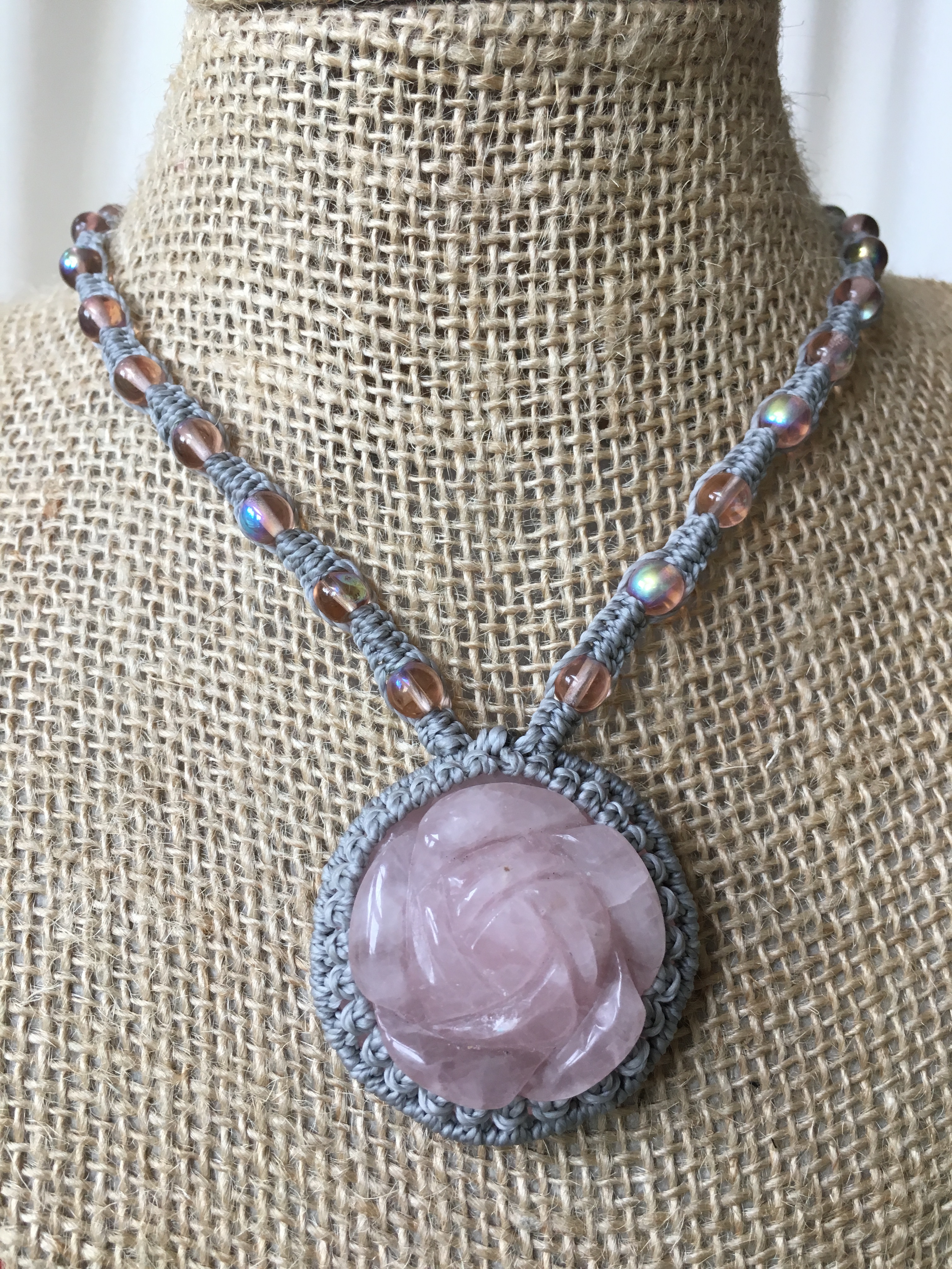 Carved Rose Quartz & Iridescent Czech Glass – SOLD